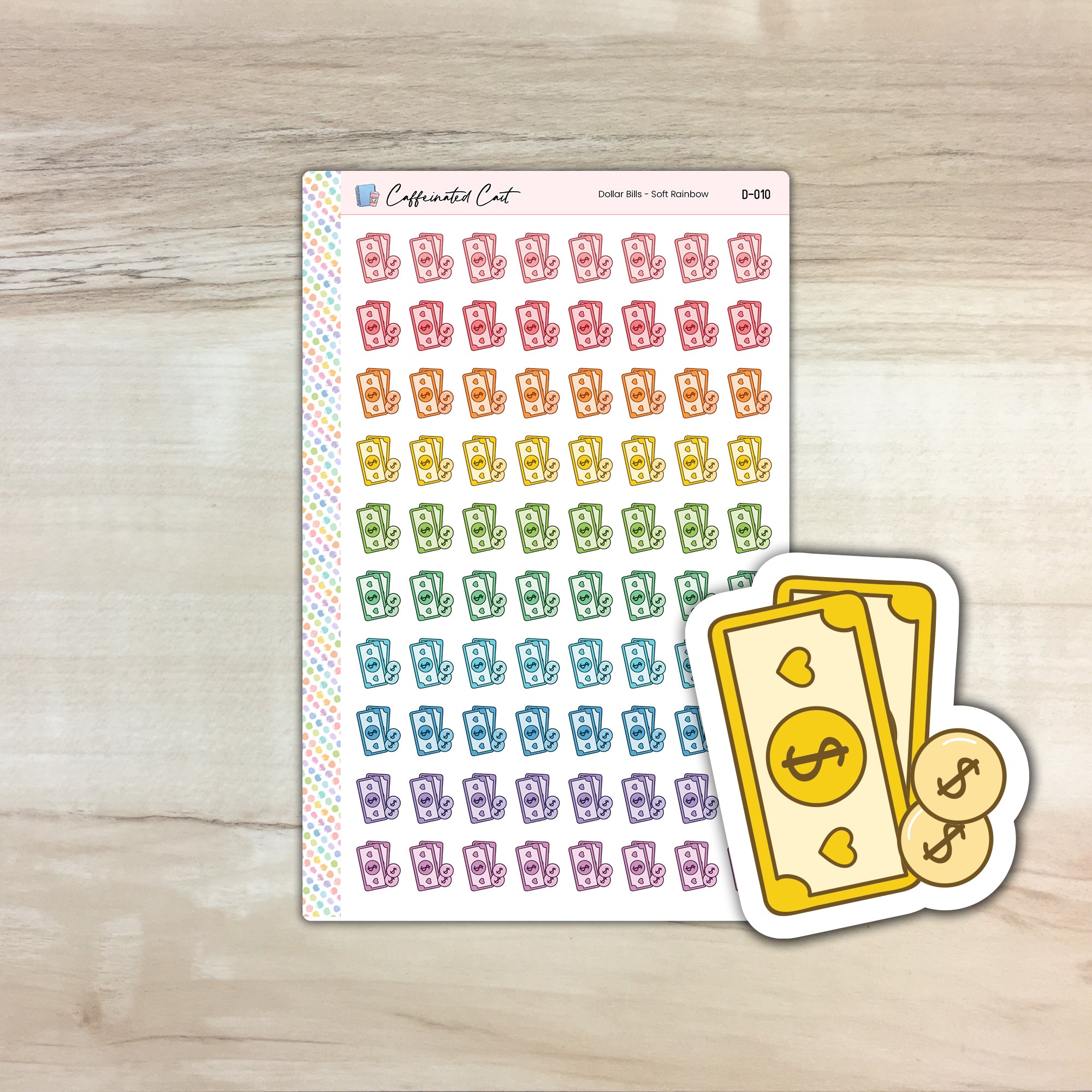 Cash / Dollar Bill Doodle Icon Stickers - Soft Rainbow Colorway [ D-010 ]